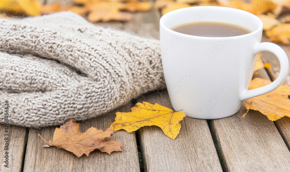 Cozy Autumn Scene with Warm Beverage, Soft Knit Blanket, Yellow Leaves on Wooden Surface for Relaxation and Comfort in Fall Season Cozy Autumn Scene with Warm Beverage, Soft Knit Blanket, Yellow Leaves on Wooden Surface for Relaxation and Comfort in Fall Season