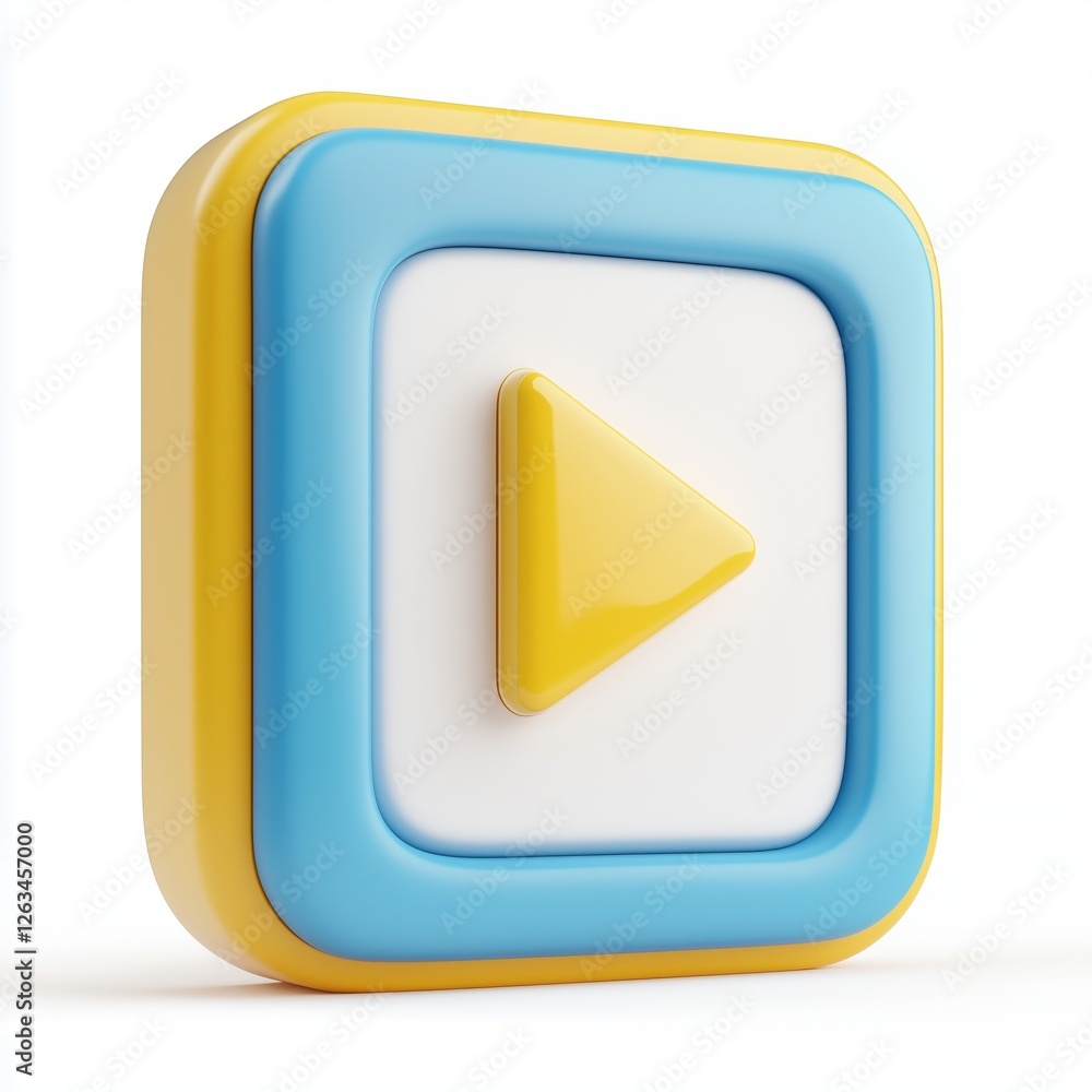3D icon with a yellow play button set inside blue and white rounded squares. 3D icon with a yellow play button set inside blue and white rounded squares.