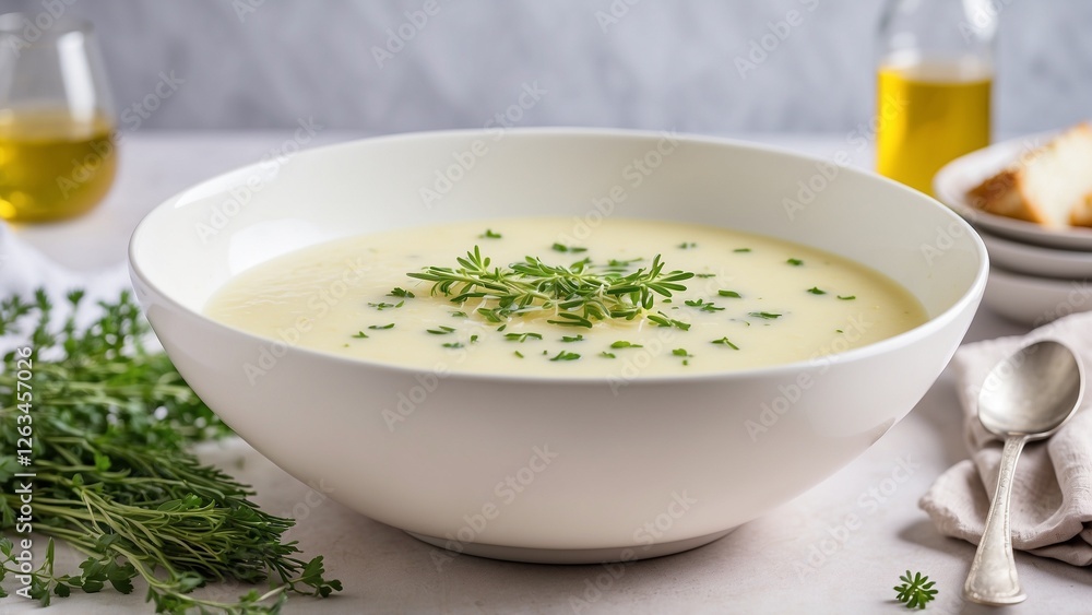 Creamy Herb Soup Soft, Pale, Culinary Simplicity on Elegant White Backdrop
