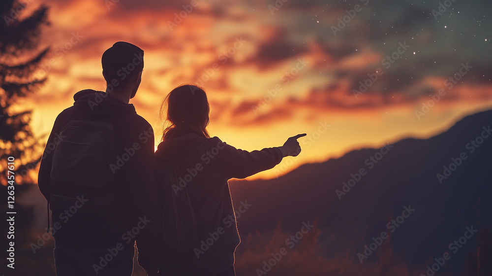 Fototapeta premium Two people with backpacks stargazing at sunset