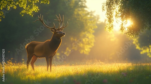 Majestic stag in golden sunrise forest meadow photo