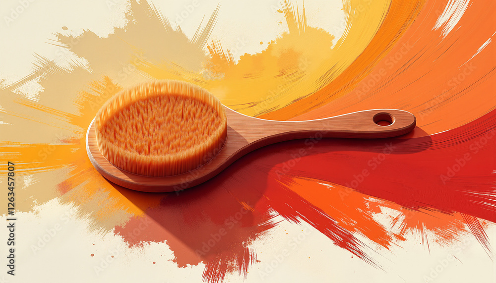 A wooden brush with soft bristles on a colorful abstract background for beauty and wellness concept