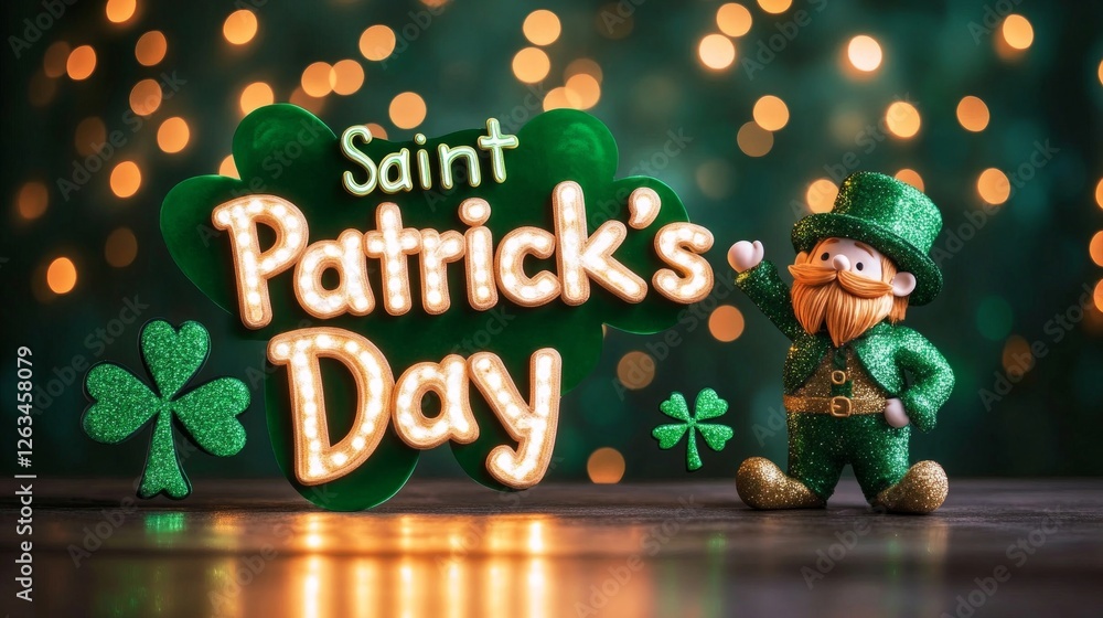 Fototapeta premium Banner with neon bold text Saint Patrick's Day, cheerful leprechaun and shamrocks on a bright green and gold background