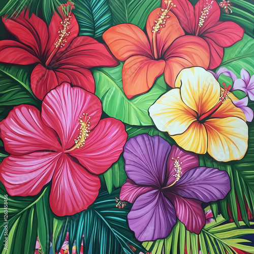 Wallpaper Mural A tropical floral illustration with bright, colorful hibiscus, bougainvillea, and frangipani flowers in hues of red, pink, and purple, paired with lush green palm leaves. The design is vibrant and Torontodigital.ca