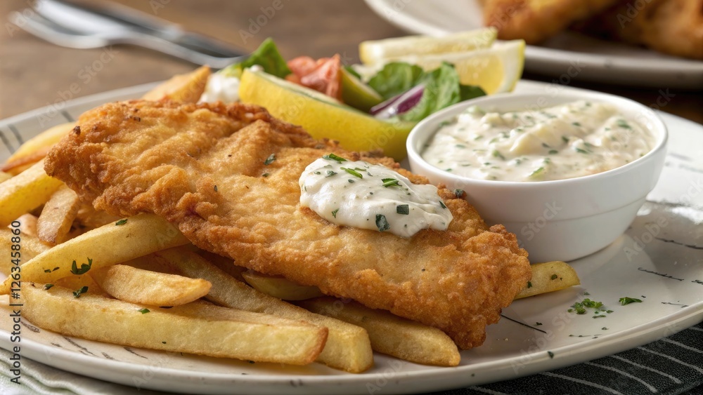 Crispy Fried Fish Fillet Served with French Fries and Tartar Sauce on a Plate Crispy Fried Fish Fillet Served with French Fries and Tartar Sauce on a Plate