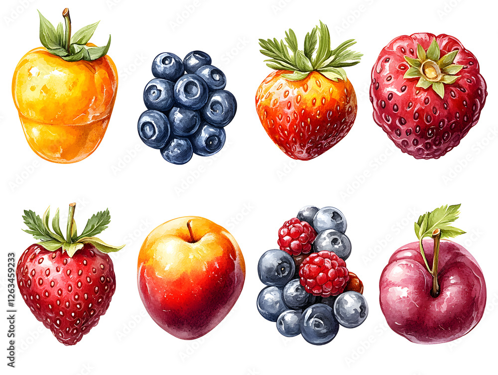 Composition of Assorted Berries and Fruits Arranged Artistically on a White Background Showcasing Vibrant Colors and Textures Composition of Assorted Berries and Fruits Arranged Artistically on a White Background Showcasing Vibrant Colors and Textures