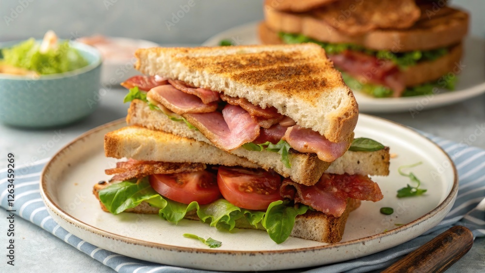 Delicious Layers of Toasted Sandwich with Bacon Lettuce and Tomato on a Plate Delicious Layers of Toasted Sandwich with Bacon Lettuce and Tomato on a Plate