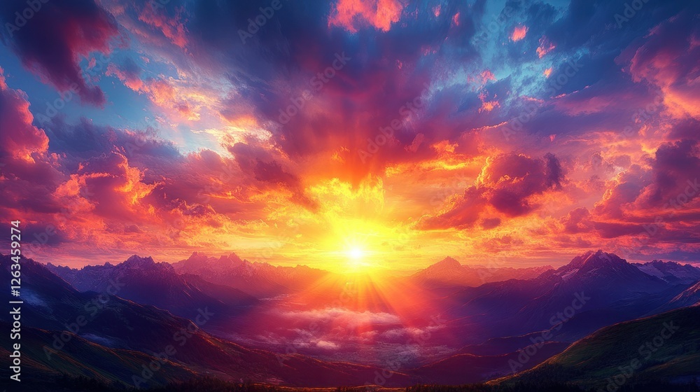 Majestic sunset over mountain valley Majestic sunset over mountain valley