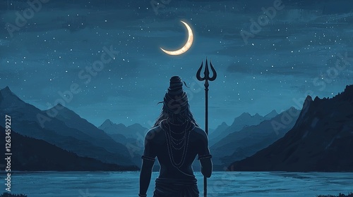 Divine night scene featuring lord shiva under the crescent moon serene landscape gigapixel quality