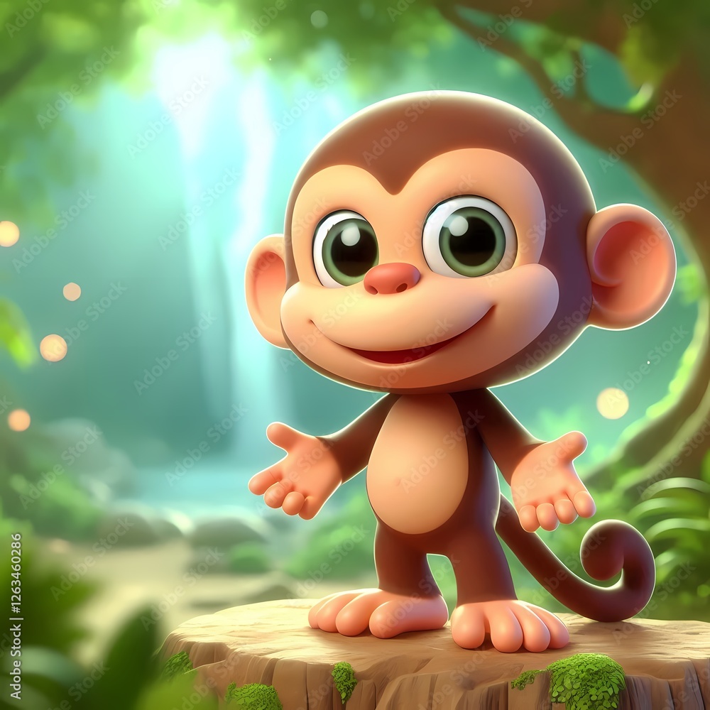 Fototapeta premium Cheerful animated monkey character in a vibrant forest setting, showcasing a playful personality.