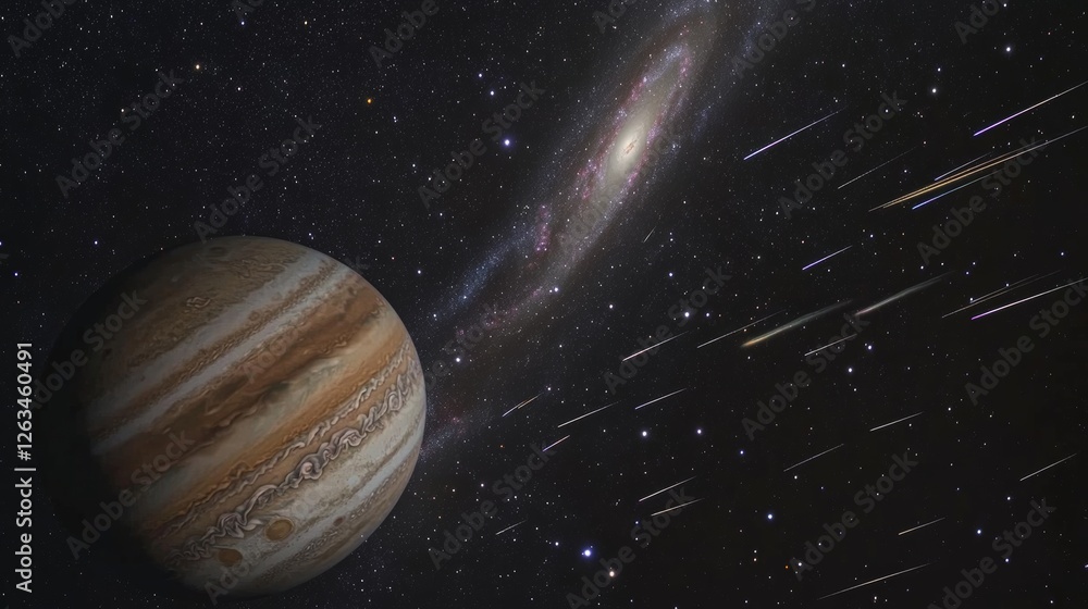 Majestic Jupiter with Ring Galaxy and Shooting Stars in Cosmic Splendor Majestic Jupiter with Ring Galaxy and Shooting Stars in Cosmic Splendor
