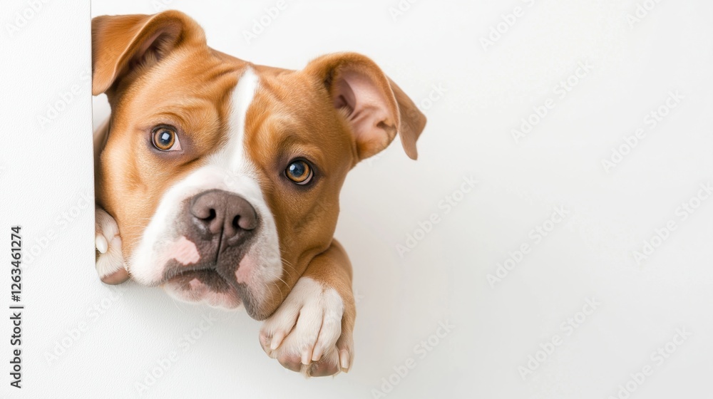 A brown and white dog is laying down and looking at the camera. The dog's eyes are bright and it is curious about the viewer A brown and white dog is laying down and looking at the camera. The dog's eyes are bright and it is curious about the viewer