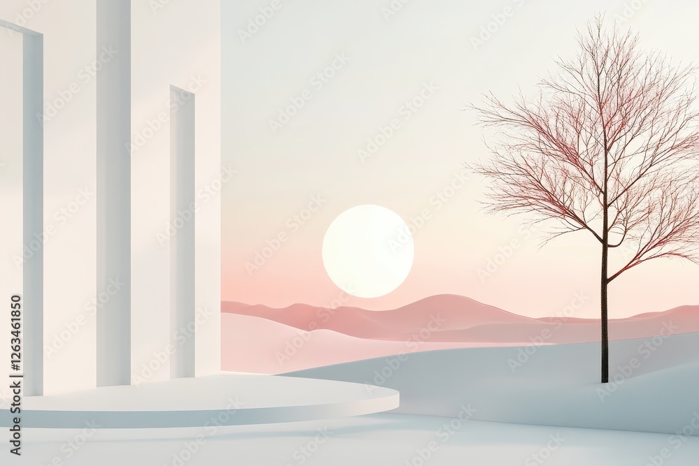 Minimalist scene features white structures set against a pastel landscape Minimalist scene features white structures set against a pastel landscape