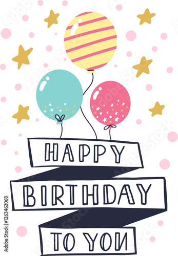 Happy birthday greeting card with greeting lettering, balloons and candle birthday greeting card decoration design vector illustration icons set