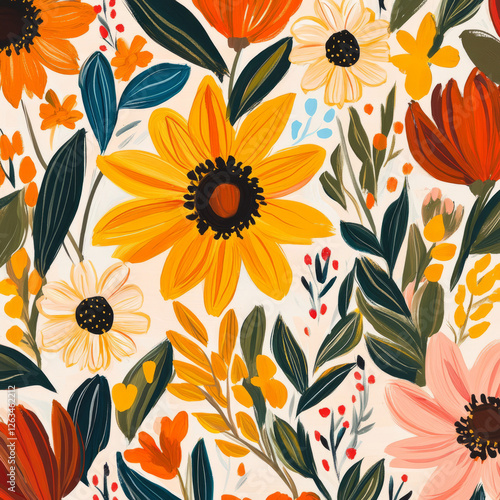 Wallpaper Mural A whimsical floral illustration with hand-drawn daisies, sunflowers, and tulips in vivid colors of yellow, orange, and red. The playful design adds charm and liveliness to any space. Torontodigital.ca
