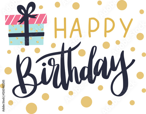Stylish happy birthday lettering adorned with a gift box and shimmering golden confetti, creating a vibrant greeting card perfect for joyful birthday celebrations and festive gatherings