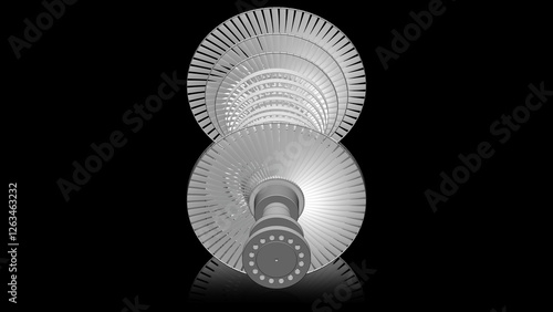 Steam turbine turbomachinery illustration showing a double-flow configuration with impulse and reaction blades on a black background.