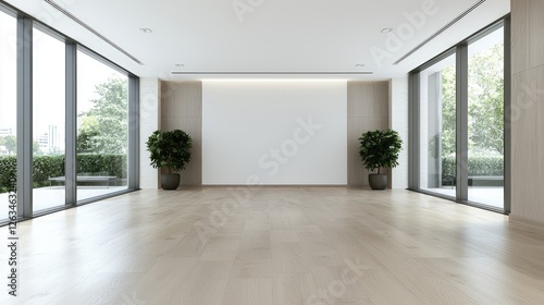 Empty modern room with large windows overlooking a city view.  Suitable for interior design or real estate imagery