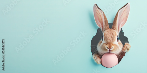 Happy rabbit peeping out of crack in pastel background. Celebrating Easter.