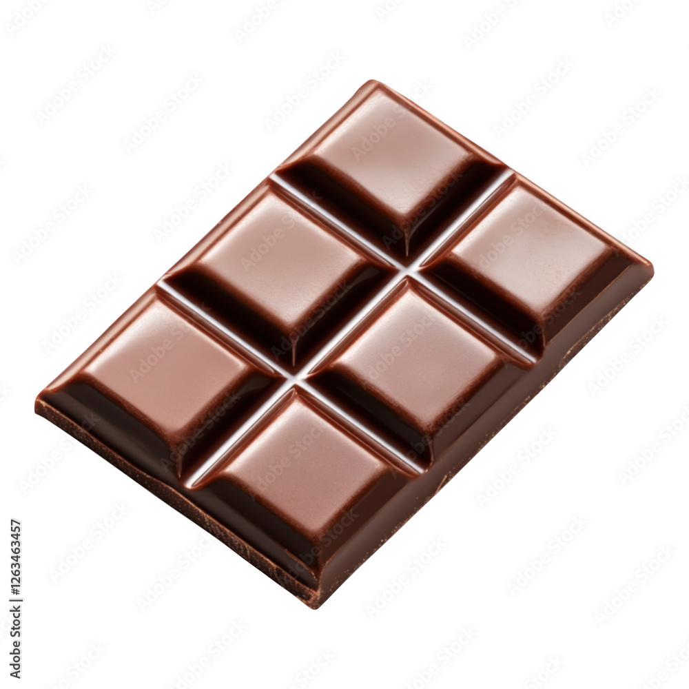A perfectly shaped, glossy chocolate bar segmented into squares, showcasing its rich texture and alluring appearance against a white background.