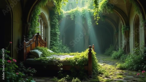 Dark gothic art, overgrown ruin, nature-reclaimed bedchamber