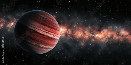 A hyper-realistic image of a rogue planet drifting through interstellar darkness, illuminated only by the soft glow of distant galaxies.