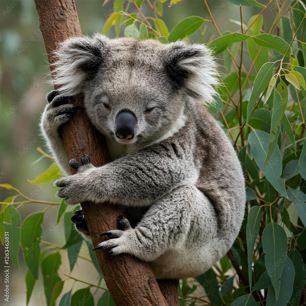Naklejka premium Koala clinging to a tree, nestled in the branches, peacefully resting in its natural habitat.