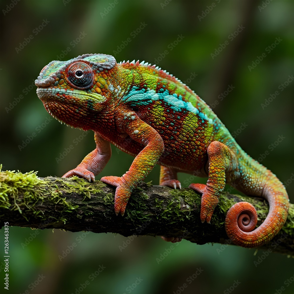 Fototapeta premium Brightly colored chameleon perched on a branch, displaying its vivid hues and intricate patterns as it blends into its environment.