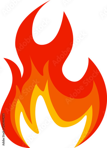 Red and orange cartoon flames forming a vibrant fireball, burning fiercely with the intensity of wildfire and bonfire flames, set against a clean white background