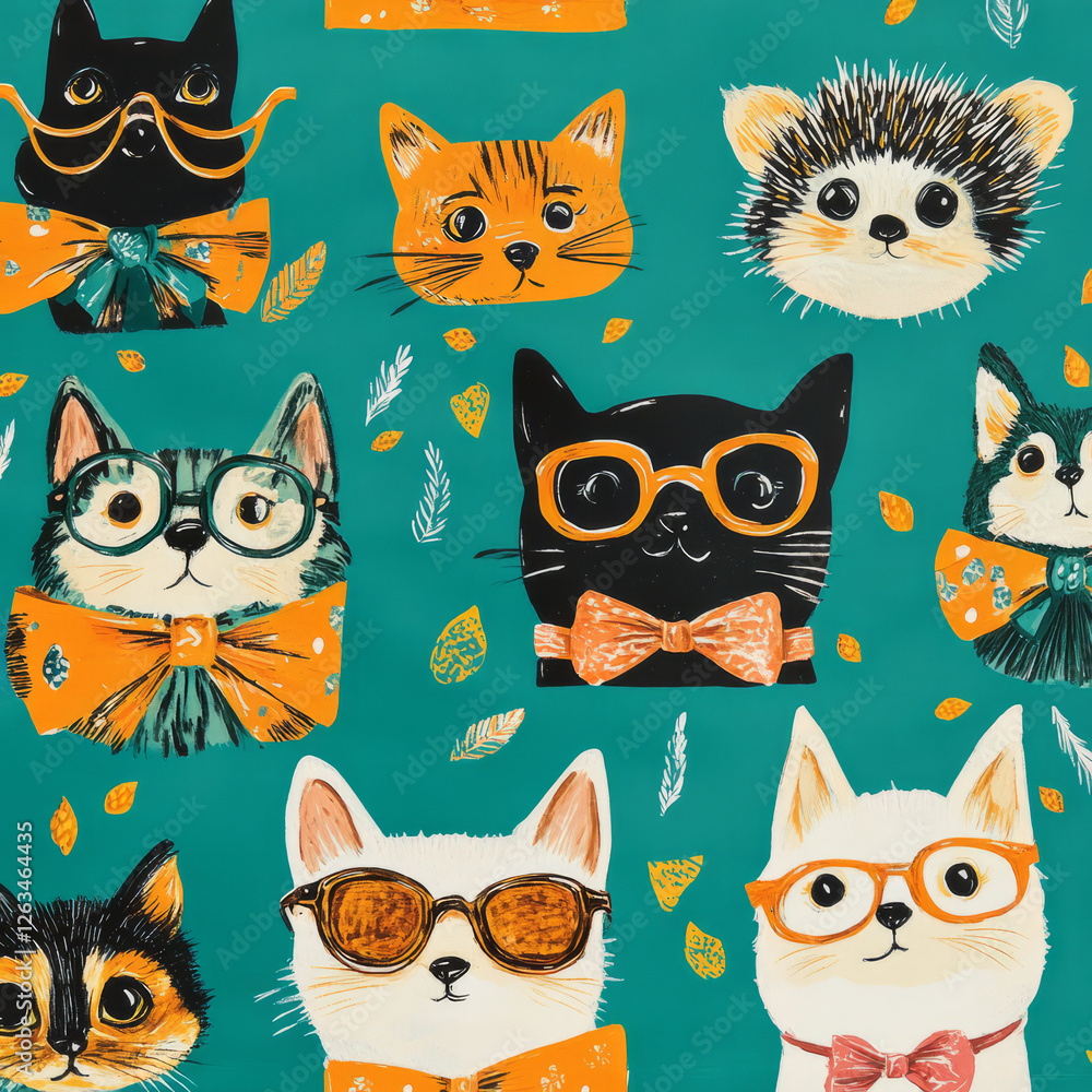 A quirky pet illustration with cats, dogs, and hedgehogs wearing glasses, bowties, and scarves. The playful design uses vibrant colors of orange, teal, and mustard, making it fun and lively. A quirky pet illustration with cats, dogs, and hedgehogs wearing glasses, bowties, and scarves. The playful design uses vibrant colors of orange, teal, and mustard, making it fun and lively.