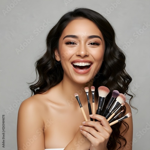 Woman smiling, holding makeup brushes in her hand, ready to apply makeup with a confident and cheerful expression.

