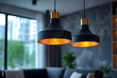 Three black and gold hanging lamps illuminating a modern living room photo