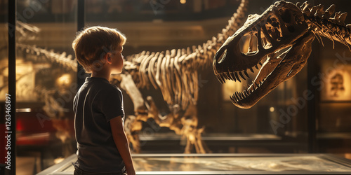 Fototapeta Naklejka Na Ścianę i Meble -  Child looking at the skeleton of an ancient dinosaur in the museum of paleontology. Little boy watching at dinosaur bones.
