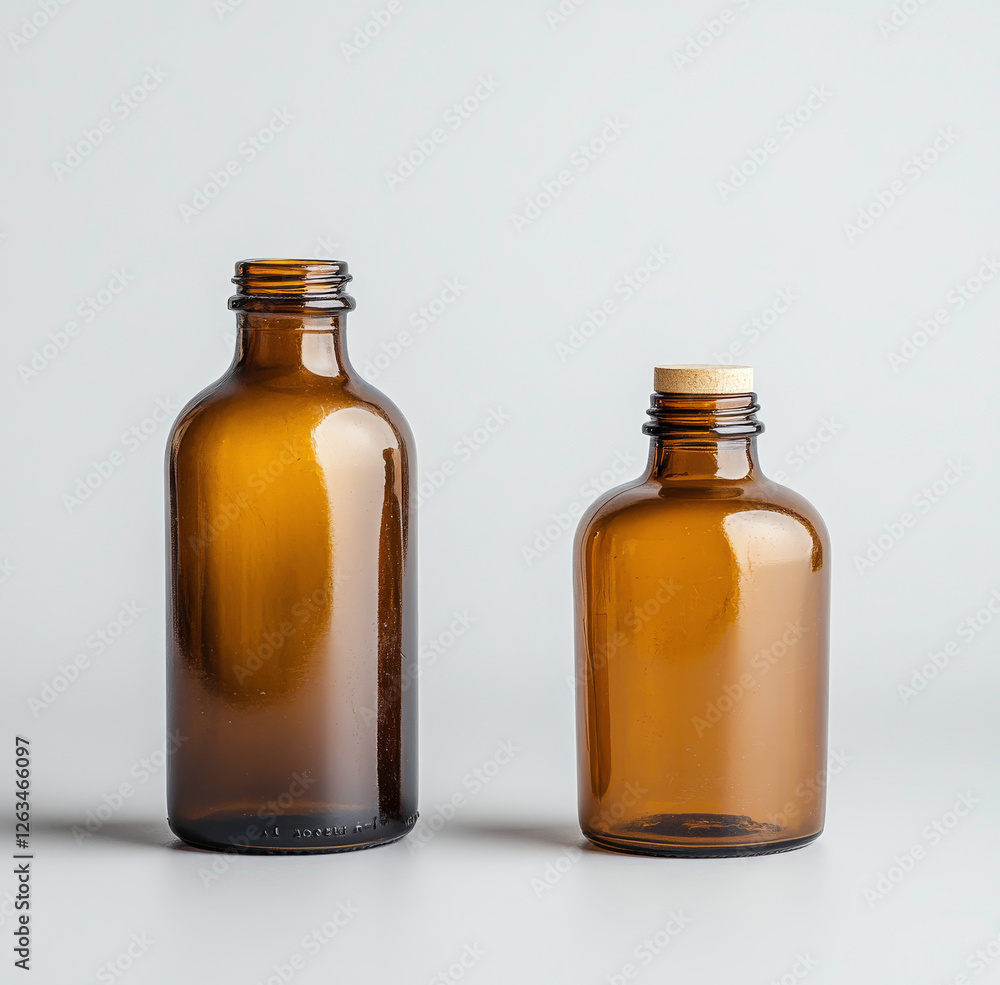 Collection of Empty Amber Glass Bottles with Wooden Caps on Light Grey Background for Pharmaceutical and Cosmetic Product Packaging Collection of Empty Amber Glass Bottles with Wooden Caps on Light Grey Background for Pharmaceutical and Cosmetic Product Packaging