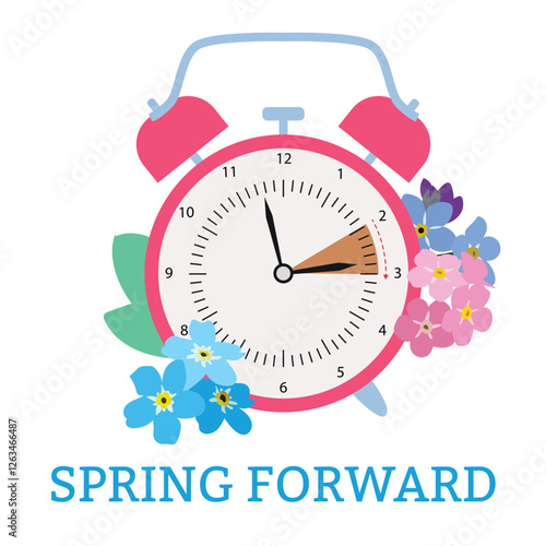 Сhange clock to one hour forward flat vector illustration, spring forward, Daylight Saving Time concept. Square banner with white background, pink alarm clock with flowers and date and time.