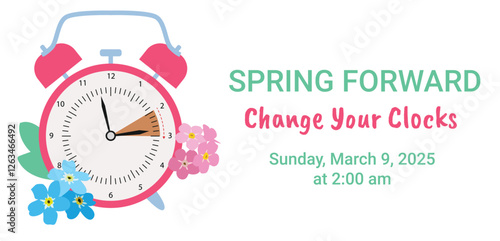 Сhange clock to one hour forward flat vector illustration, spring forward, Daylight Saving Time concept. Rectangular banner with white background, pink alarm clock with flowers.