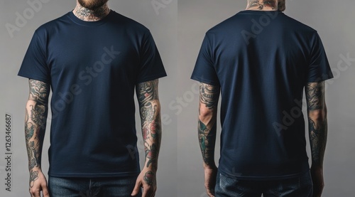 A blank navy blue t-shirt mockup, worn by a tattooed man without showing his face, front and back view, solid background
