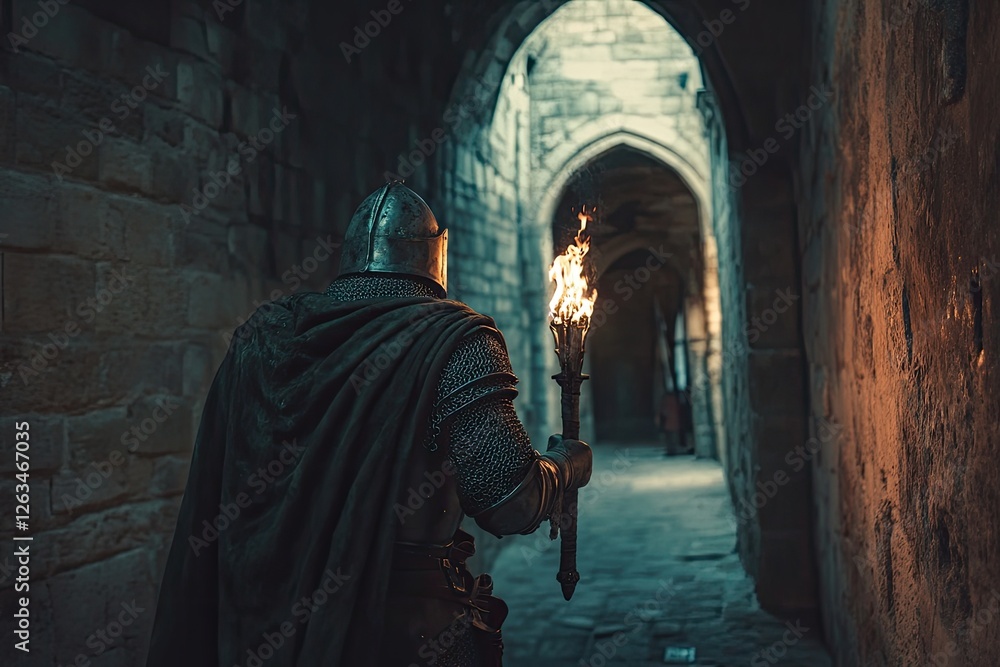 A first - person view of a knight walking through a medieval castle corridor, holding a torch A first - person view of a knight walking through a medieval castle corridor, holding a torch