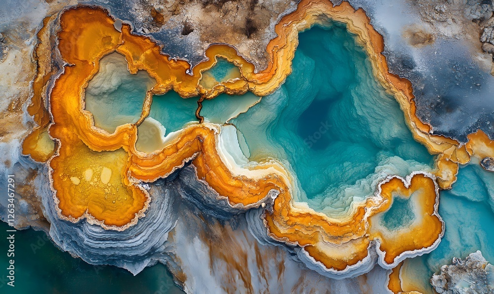 Obraz premium Aerial view of vibrant mineral pools with orange and blue hues created by nature's artistry