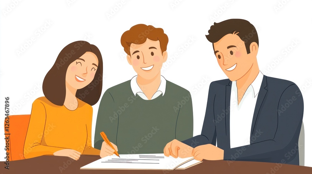 Three people are signing a document together in a business or contract setting illustration style Three people are signing a document together in a business or contract setting illustration style