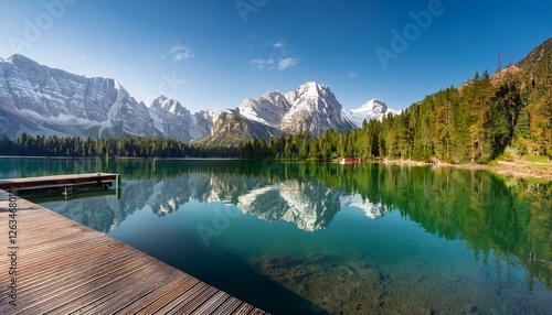 Beautiful wide shot of a lake and mountain in the background and a small deck leading to the lake, with pine trees, clouds, and snow covered mouintain tops 