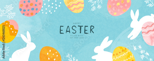 Happy Easter festive banner with eggs, bunnies and hand drawn elements. Modern design with grainy texture, vector illustration.