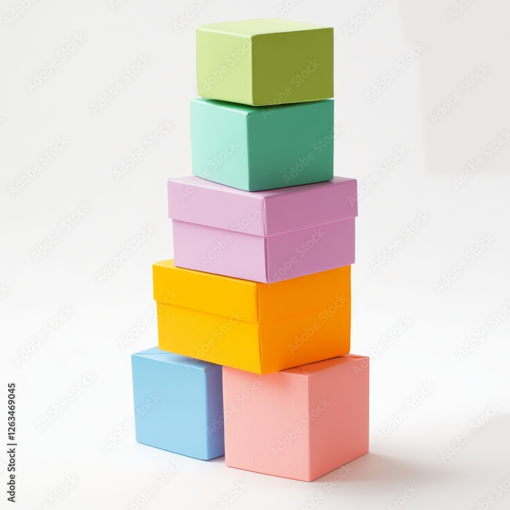 Obraz premium Multicolored texture boxes stacked on top of each other in a tower on a white background