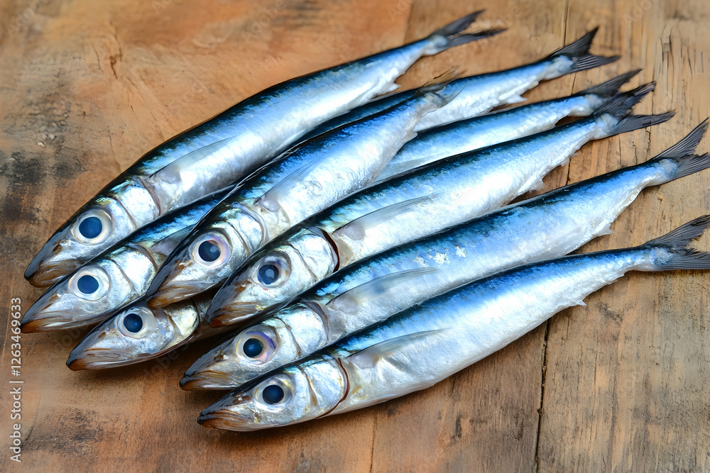 Fresh sardines arranged on rustic wooden background for seafood cuisine concepts Fresh sardines arranged on rustic wooden background for seafood cuisine concepts