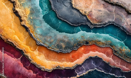 Abstract geological layers with vibrant colors and textured edges, creating a natural pattern