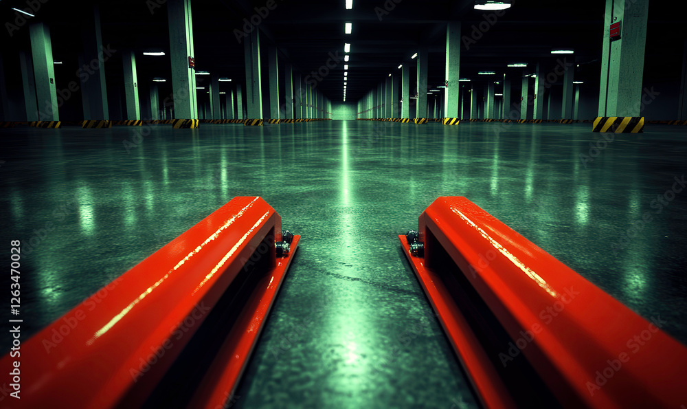 Obraz premium Vast Empty Parking Garage With Polished Concrete Floor and Bright LED Lights Highlighting Available Space for Vehicles or Storage