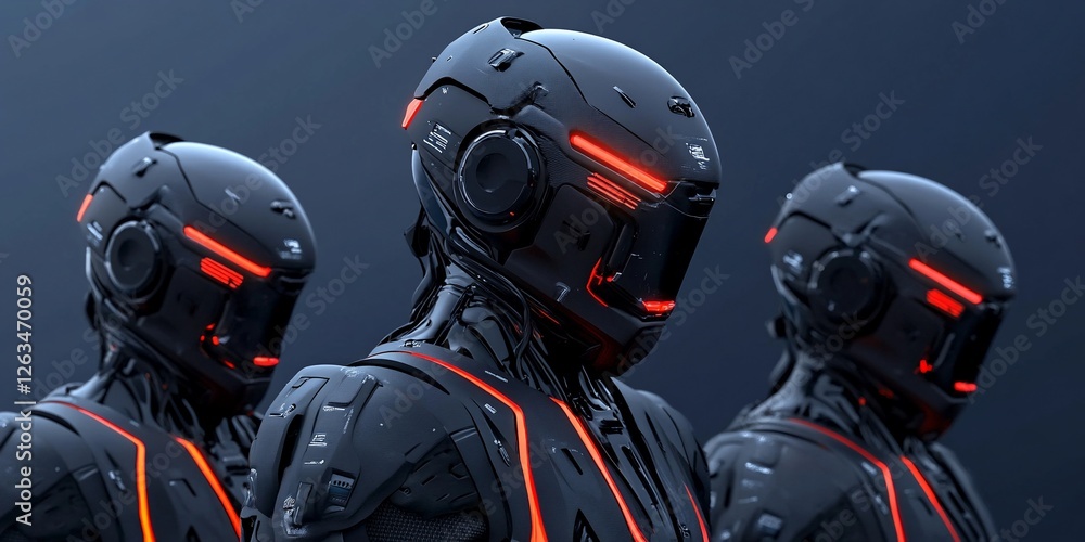 Futuristic robots stand, dark background. Sci-fi concept Futuristic robots stand, dark background. Sci-fi concept