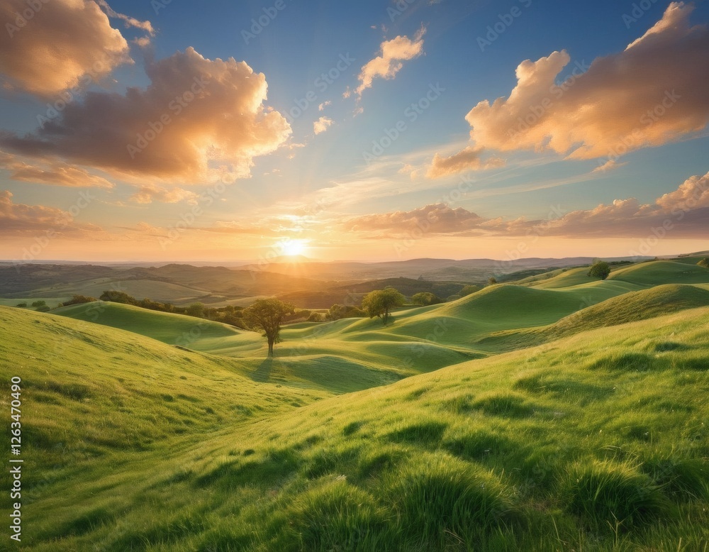 Fototapeta premium A Boundless Green Meadow Rolling Smoothly Across the Land, Illuminated by the Warm Glow of the Sun, Set Against a Crisp Blue Sky with Soft Cloud Formations