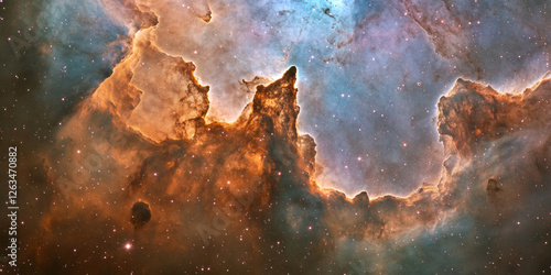 A breathtaking depiction of a cosmic cathedral, where grand, glowing arches of nebular clouds stretch across a star-filled sky.