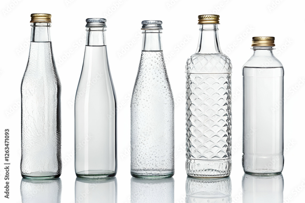 Assorted Glass Water Bottles With Condensation And Metal Caps On White Assorted Glass Water Bottles With Condensation And Metal Caps On White